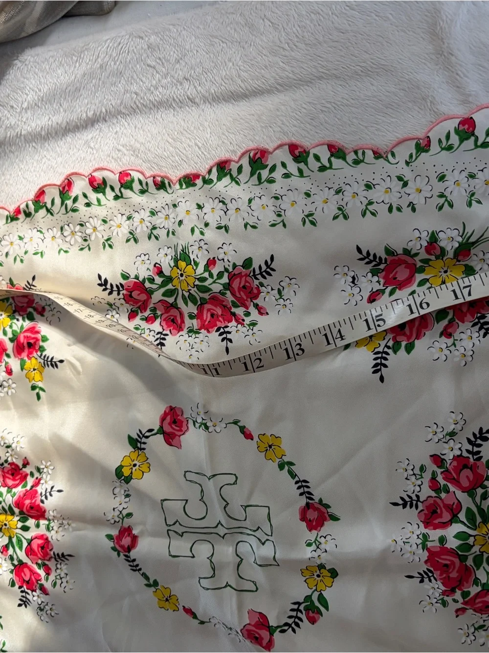 Tory Burch Neckerchief  Floral Square Scarf - Cream with Pink & Yellow Roses